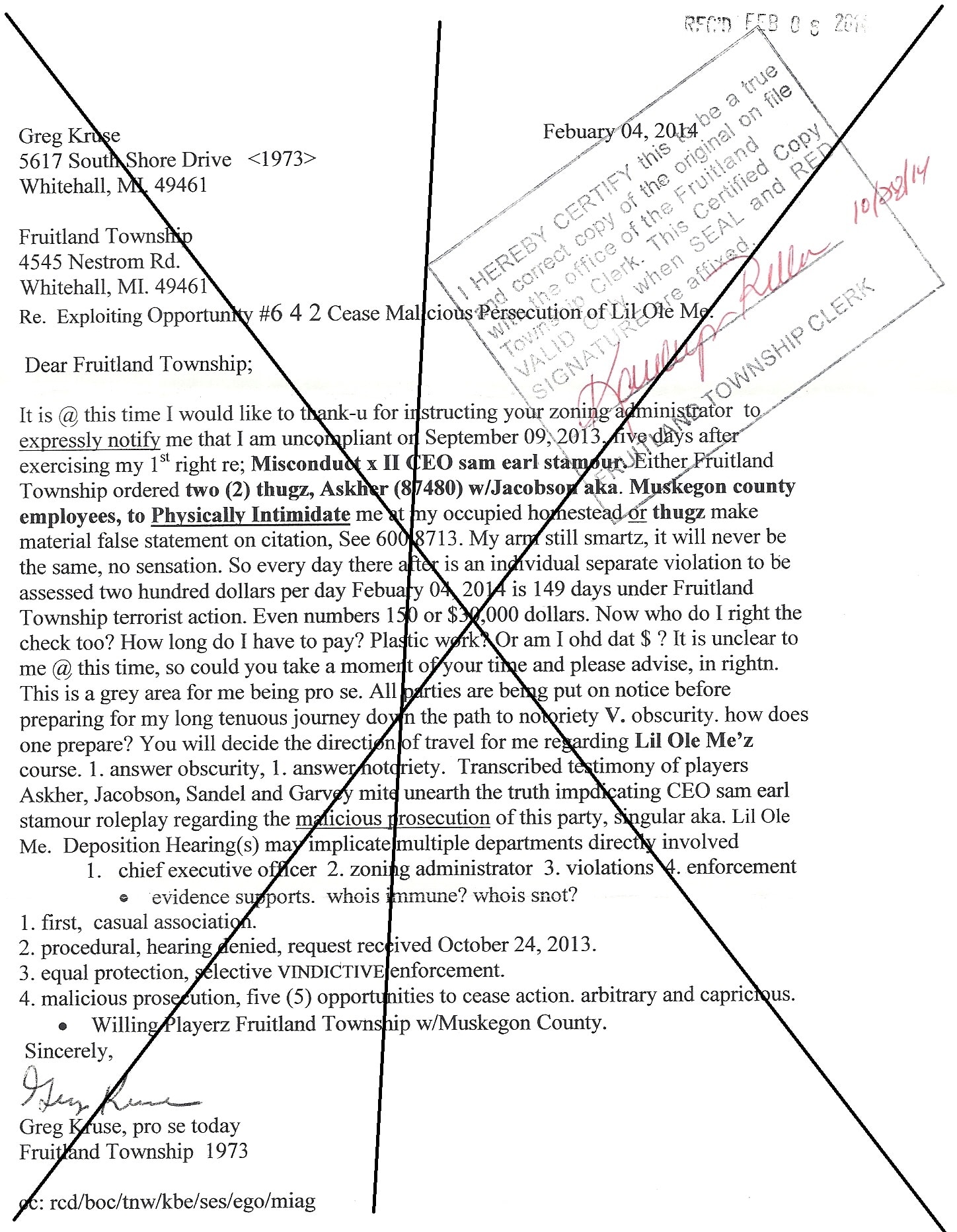 Greg Kruse letter February 04 2014 to Fruitland Township regarding zoning misconduct