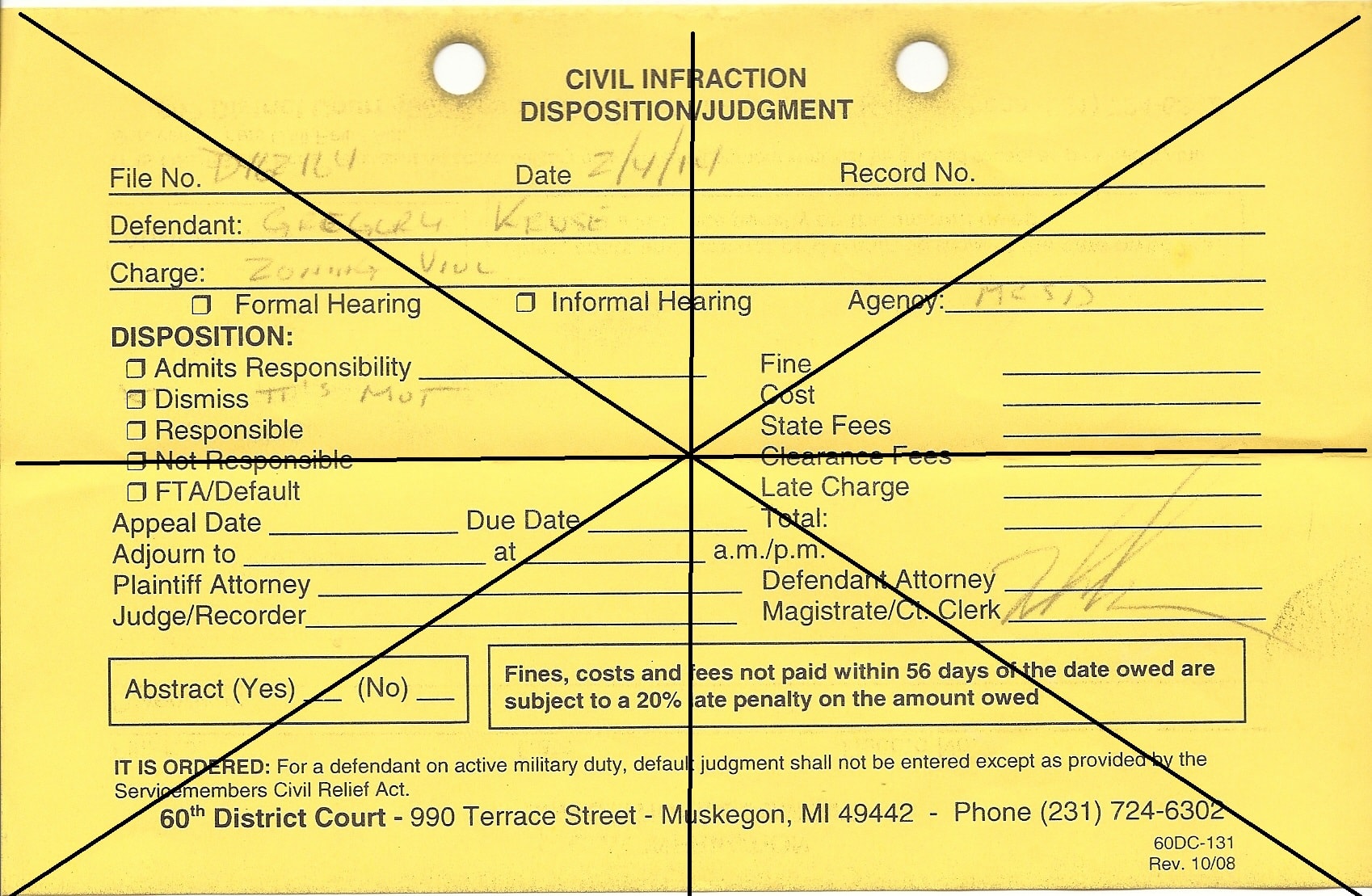 Civil Infraction Disposition Judgment form 60th District Court Muskegon Michigan