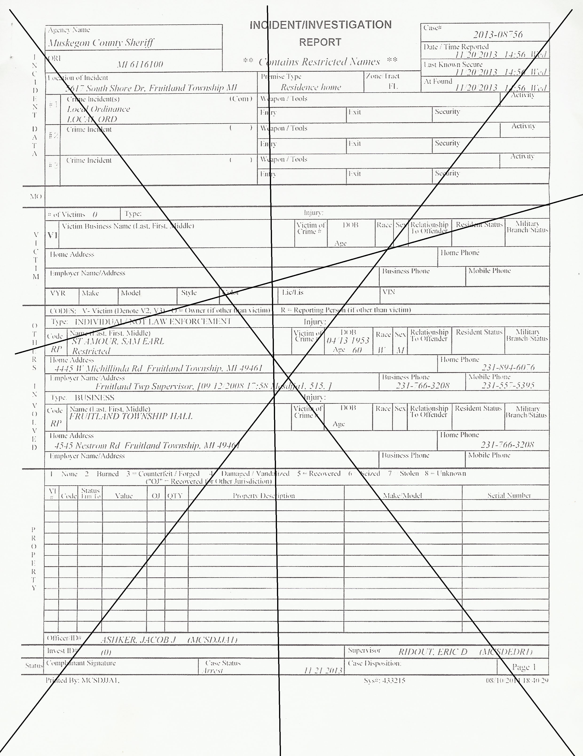 Muskegon County Sheriff Incident Investigation Report 2013 case 2013-08756